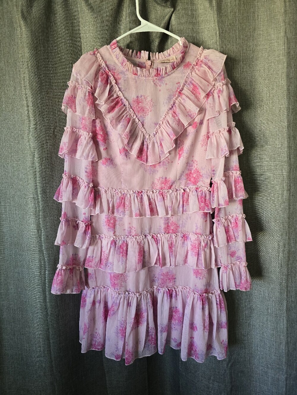 Ivy City Co Pink Floral Ruffle Dress Size S High Neck Long Sleeve Short